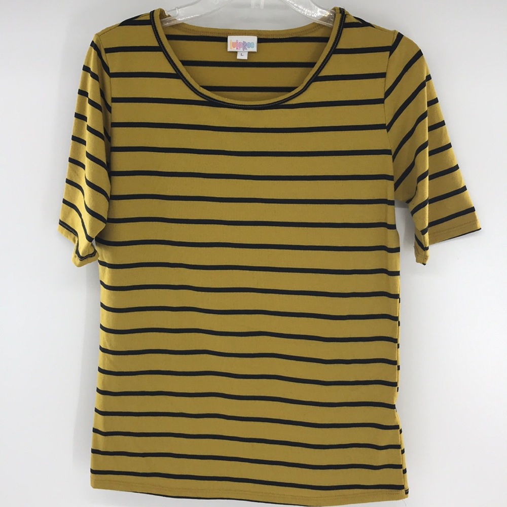 L LulaRoe Mustard & Black Stripes Pattern ShirtTop
